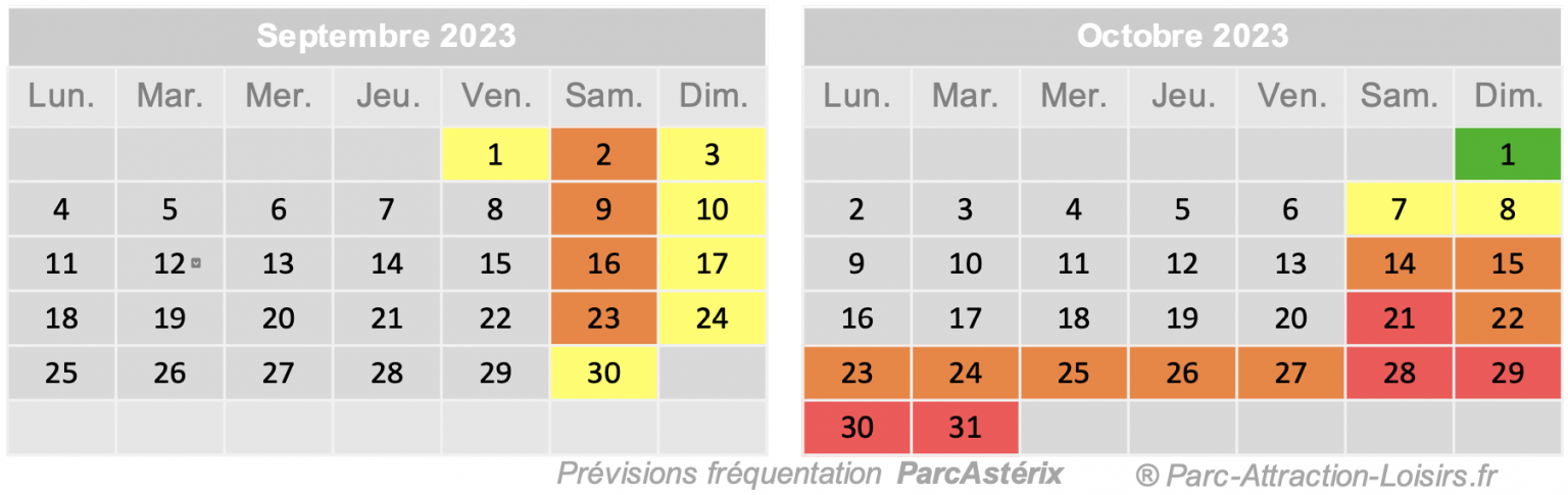 Calendrier de prévision d'affluence Parc Astérix 2023