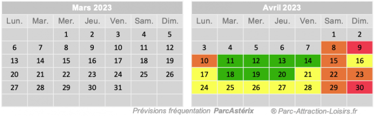 Calendrier de prévision d'affluence Parc Astérix 2023