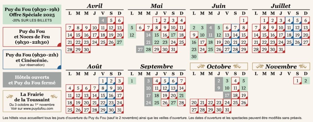 Calendrier et date d'ouverture Puy du Fou 2025