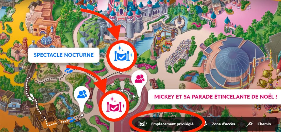 Carte ou se trouve emplacement VIP privilégié payant pour voir le spectacle nocturne et la parade Disney 