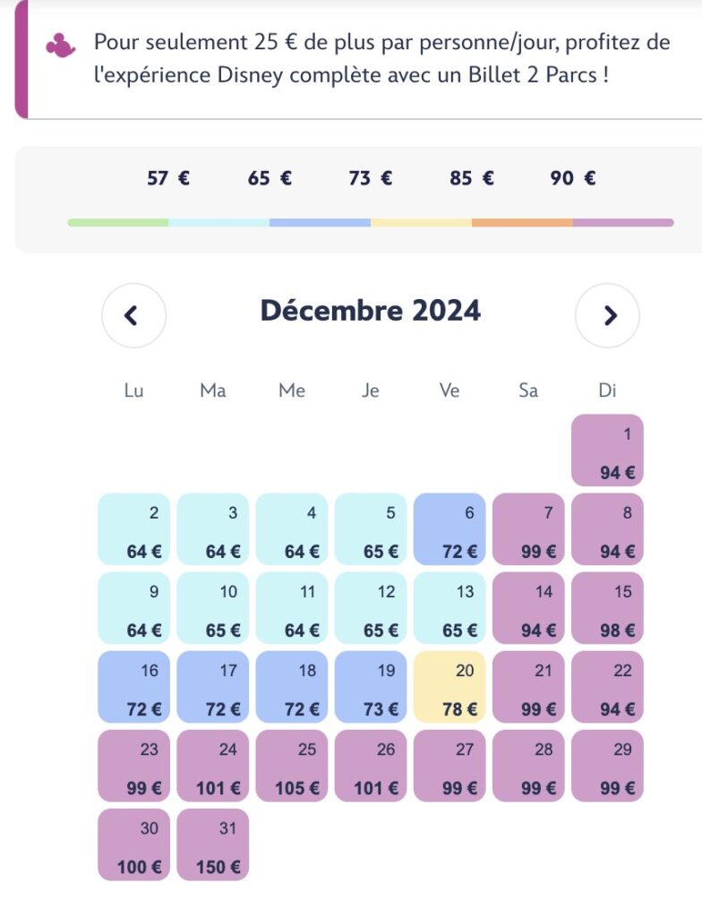 tarif billet disneyland paris décembre noel 2024